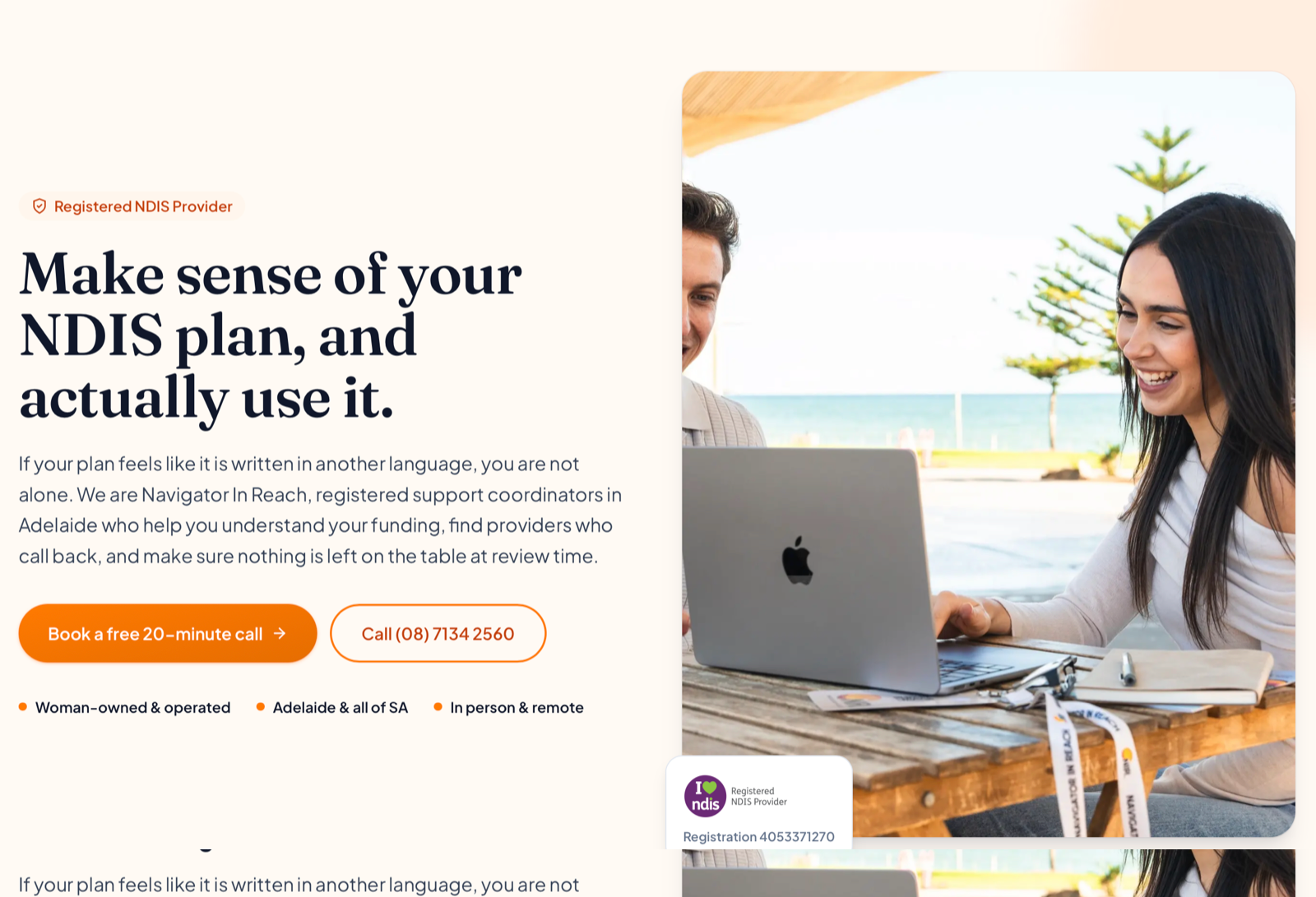 Navigator In Reach homepage showing registered NDIS support coordination in Adelaide and South Australia